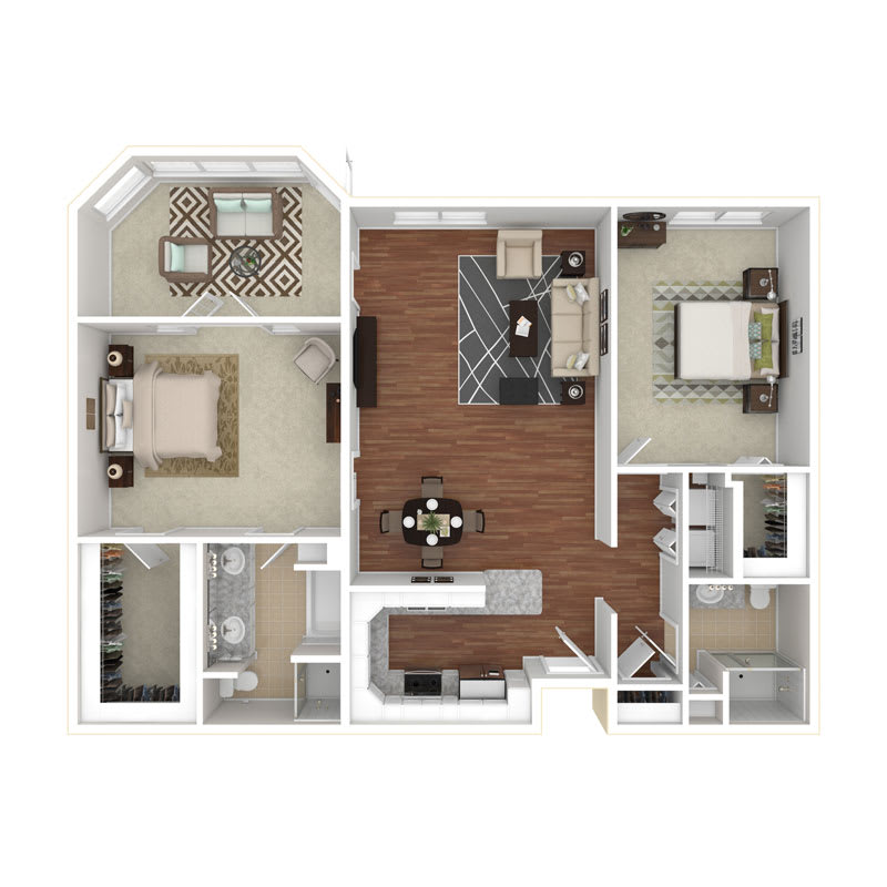 A detailed floor plan of an apartment showing the arrangement of rooms and furniture.