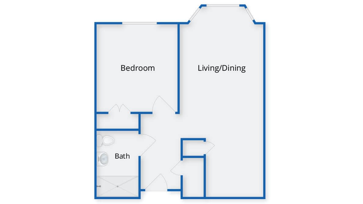 A simple floor plan featuring a one-bedroom apartment with a combined living/dining area and a bathroom.