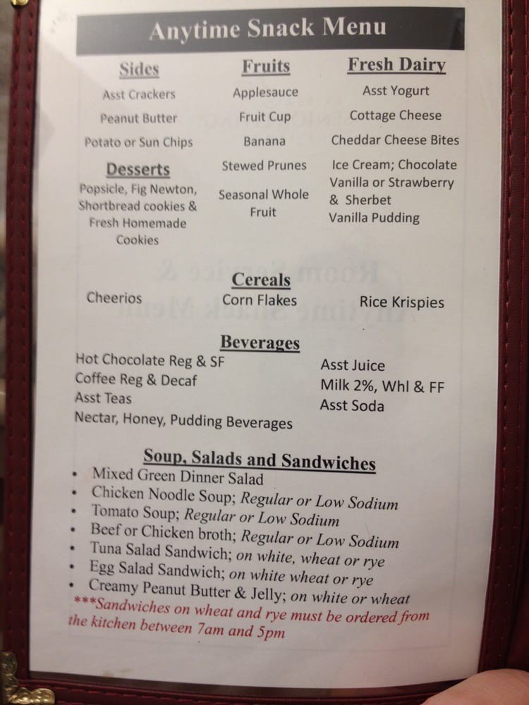 A menu listing various meal options for breakfast, lunch, and dinner, including beverages, soups, salads, sandwiches, and desserts.