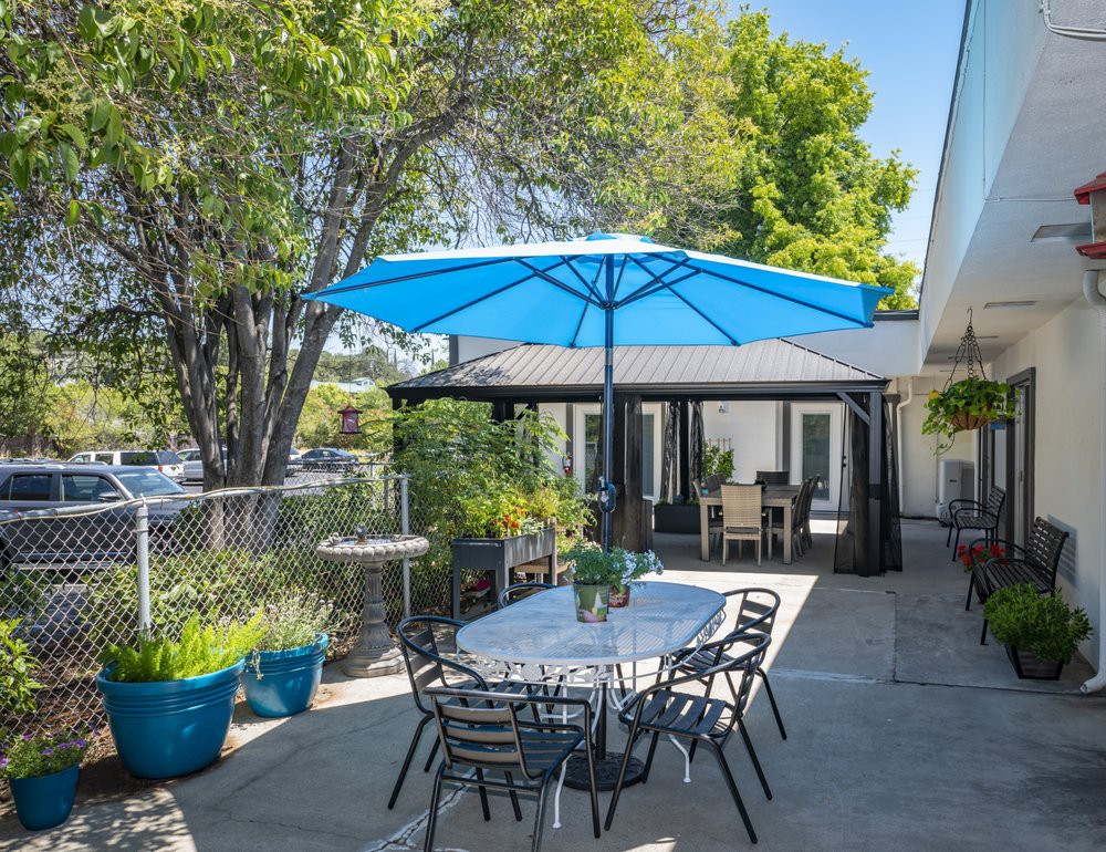 A sunny backyard patio featuring a dining set with a blue umbrella and surrounding greenery.