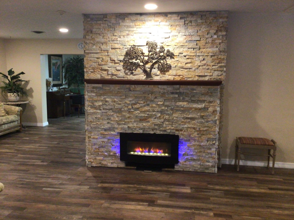 Modern indoor fireplace with stone wall and decorative tree art.