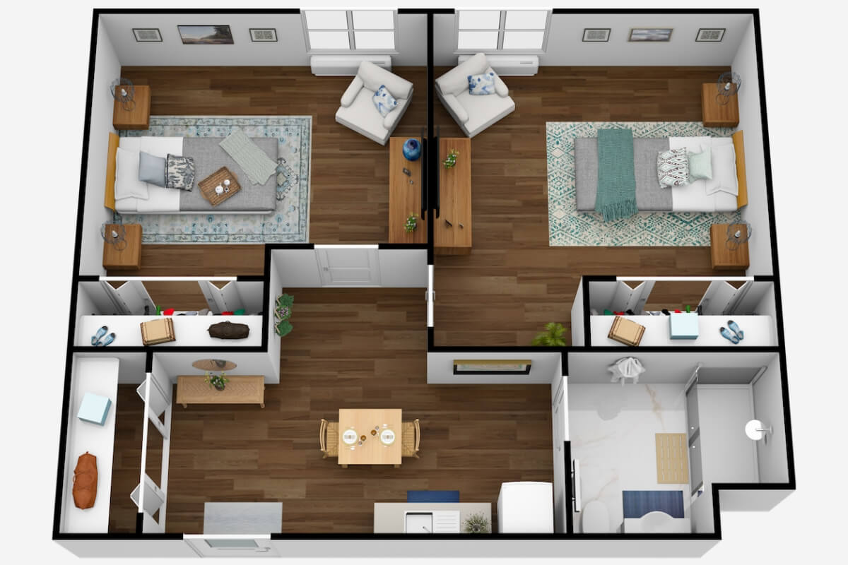 A floor plan of a two-bedroom apartment with a living room, kitchen, and bathroom.