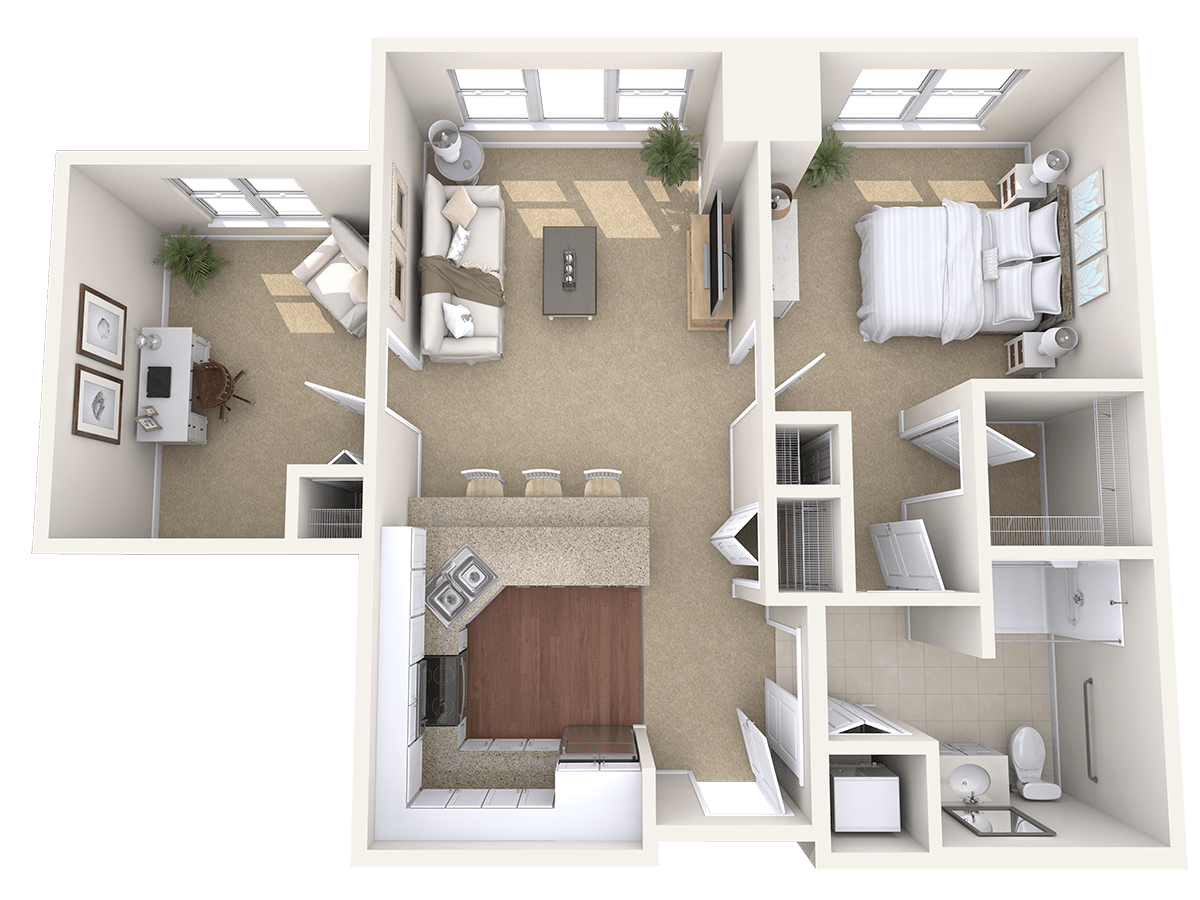 A 3D rendering of an apartment floor plan showing a one-bedroom layout with living room, kitchen, and bathroom.