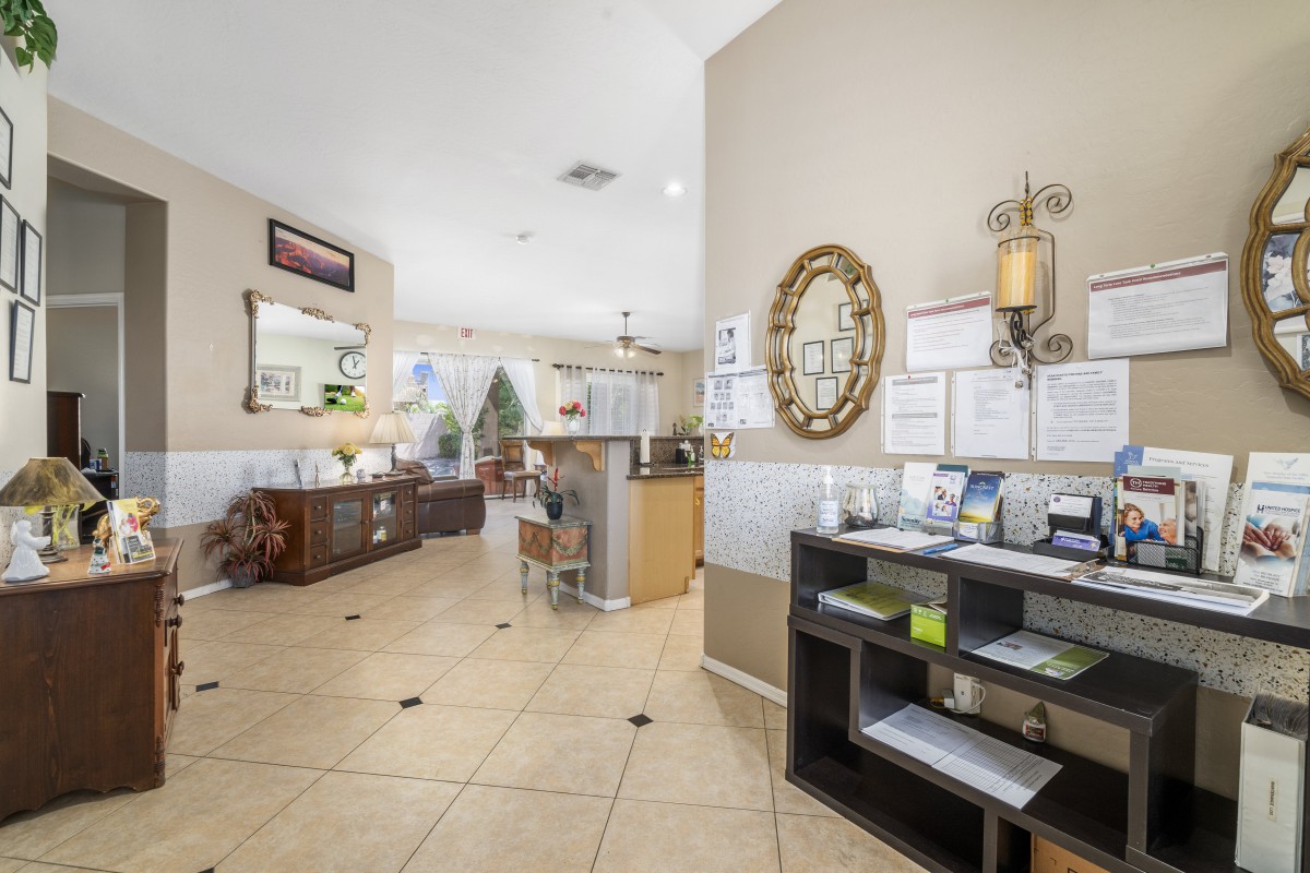 A well-organized reception area with decorative elements and neatly arranged documents.
