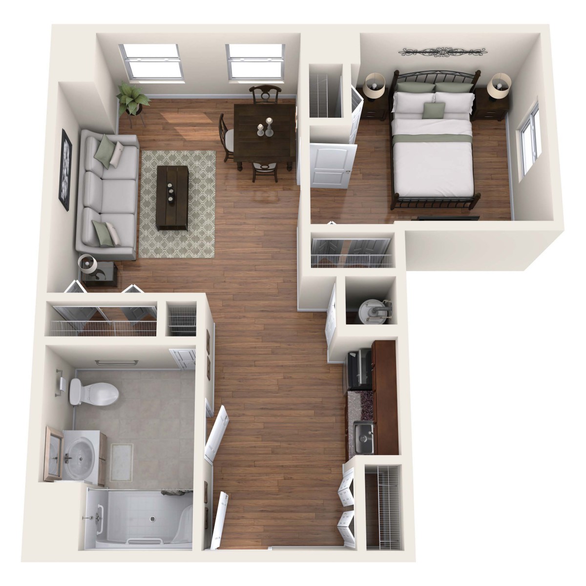 A 3D floor plan of a one-bedroom apartment featuring a living area, kitchen, bathroom, and bedroom.