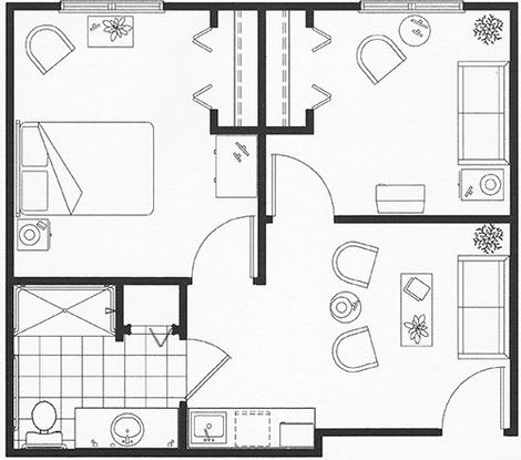 A black and white floor plan of an apartment layout.