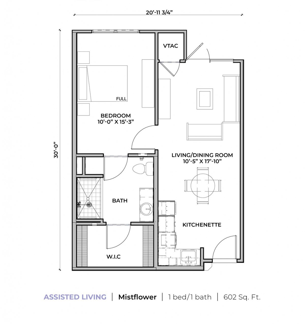 One-bedroom apartment floor plan with labeled rooms.