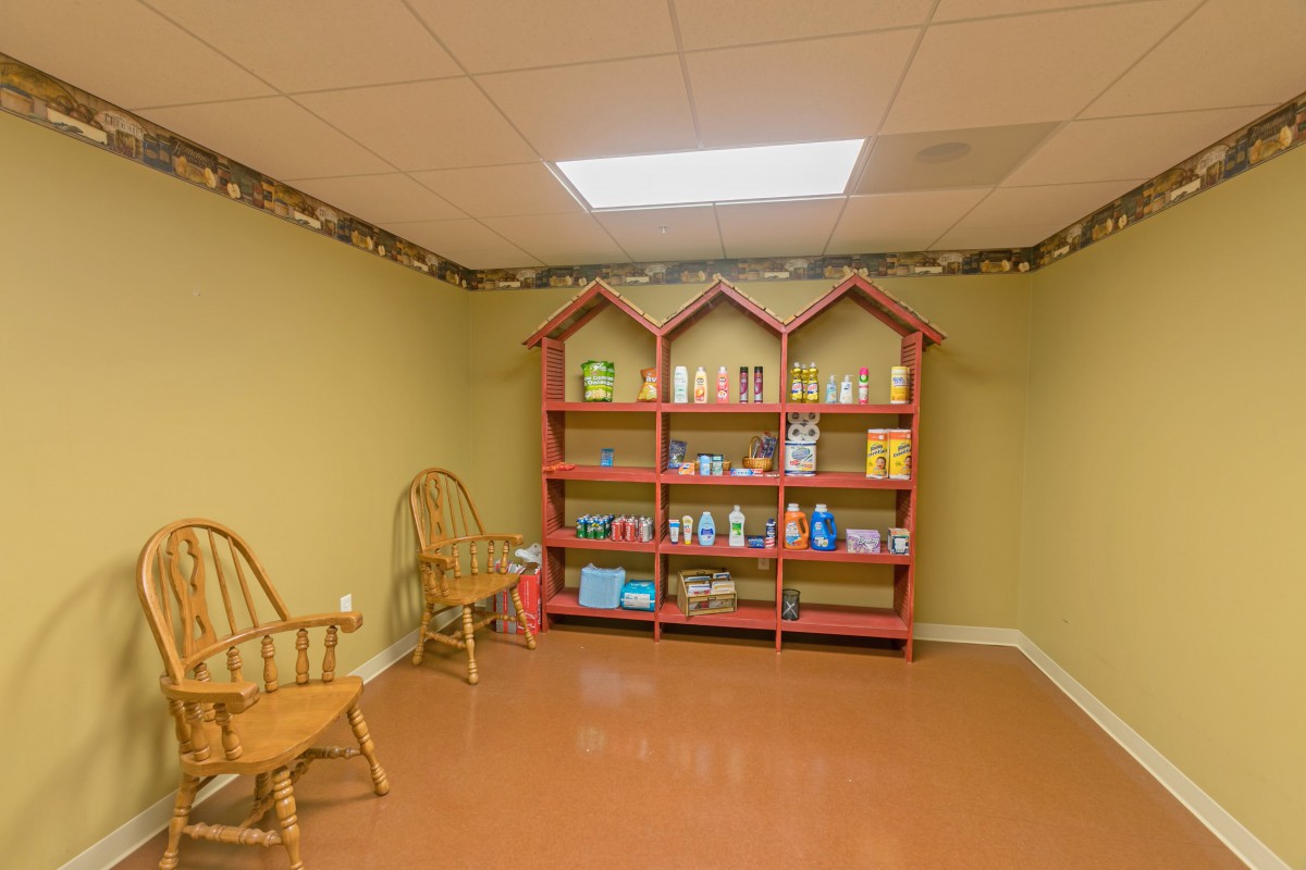 A basement playroom with shelves stocked with toys and two chairs.