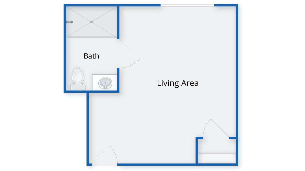 A simple floor plan featuring a living area and bathroom.