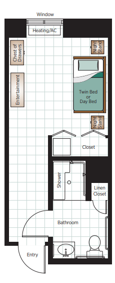 A floor plan showing a bedroom with a twin bed or day bed, closets, and a bathroom with a shower and linen closet.