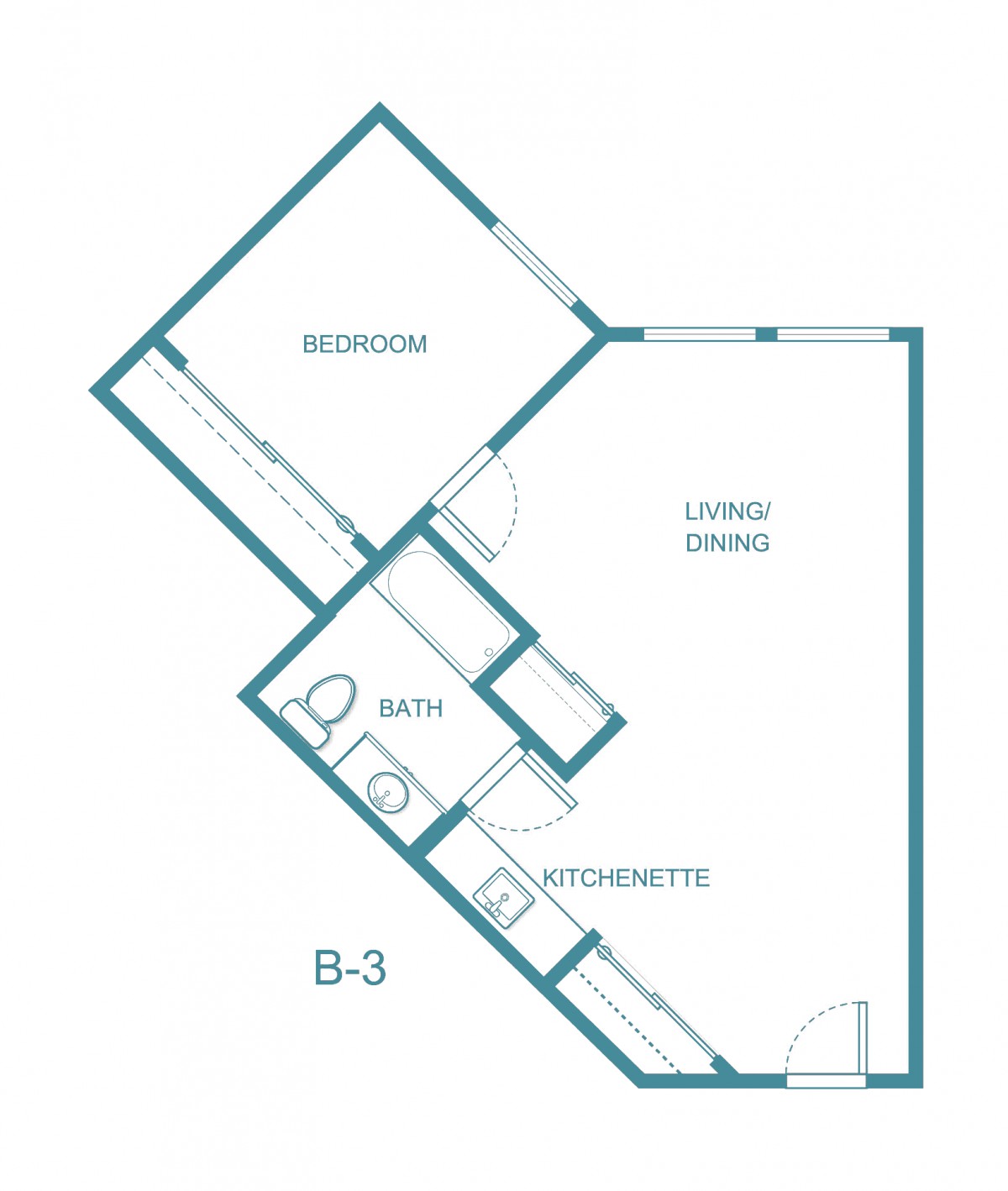 Floor plan of a one-bedroom apartment with a kitchenette, living/dining area, and bathroom.