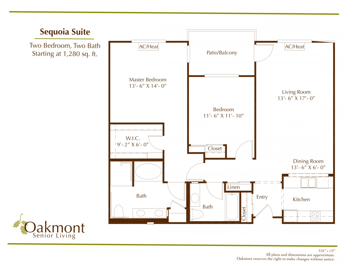 Floor plan of a two-bedroom, two-bathroom apartment in senior living.