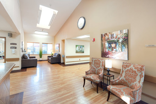 A cozy waiting area with comfortable chairs, a piece of artwork, and ample natural light.