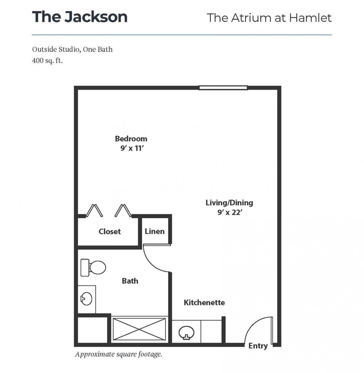 Floor plan of 'The Jackson' studio apartment at The Atrium at Hamlet.