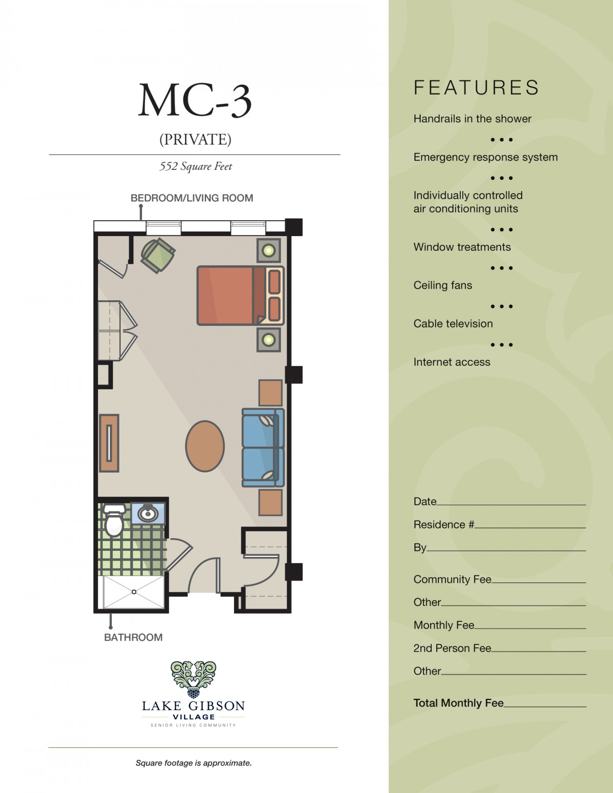 MC-3 Studio Apartment Floor Plan with Furnishings and Dimensions