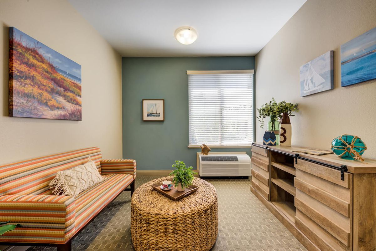 A cozy, minimalist living room with a couch, wicker table, and decorative plants.