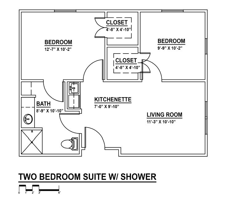 Floor plan of a two-bedroom suite with a shower, featuring a living room, kitchenette, and bathroom.