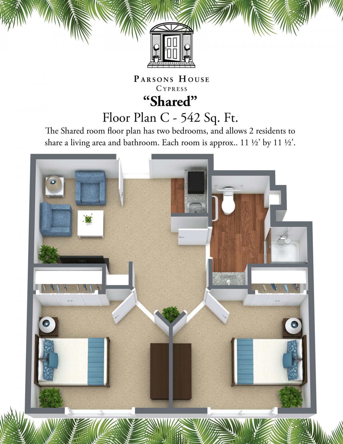 A two-bedroom shared floor plan with a total area of 542 square feet, featuring a central living area and two separate bedrooms.