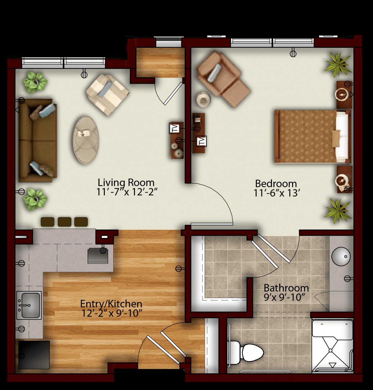 A floor plan of a one-bedroom apartment featuring a living room, kitchen, and bathroom.