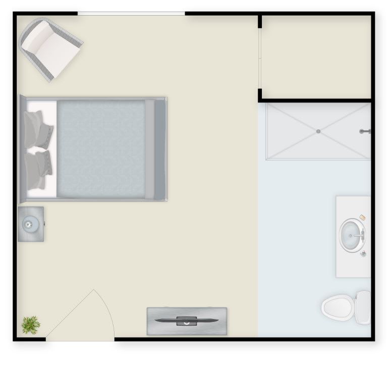 A simple floor plan showing a bedroom with adjacent bathroom.