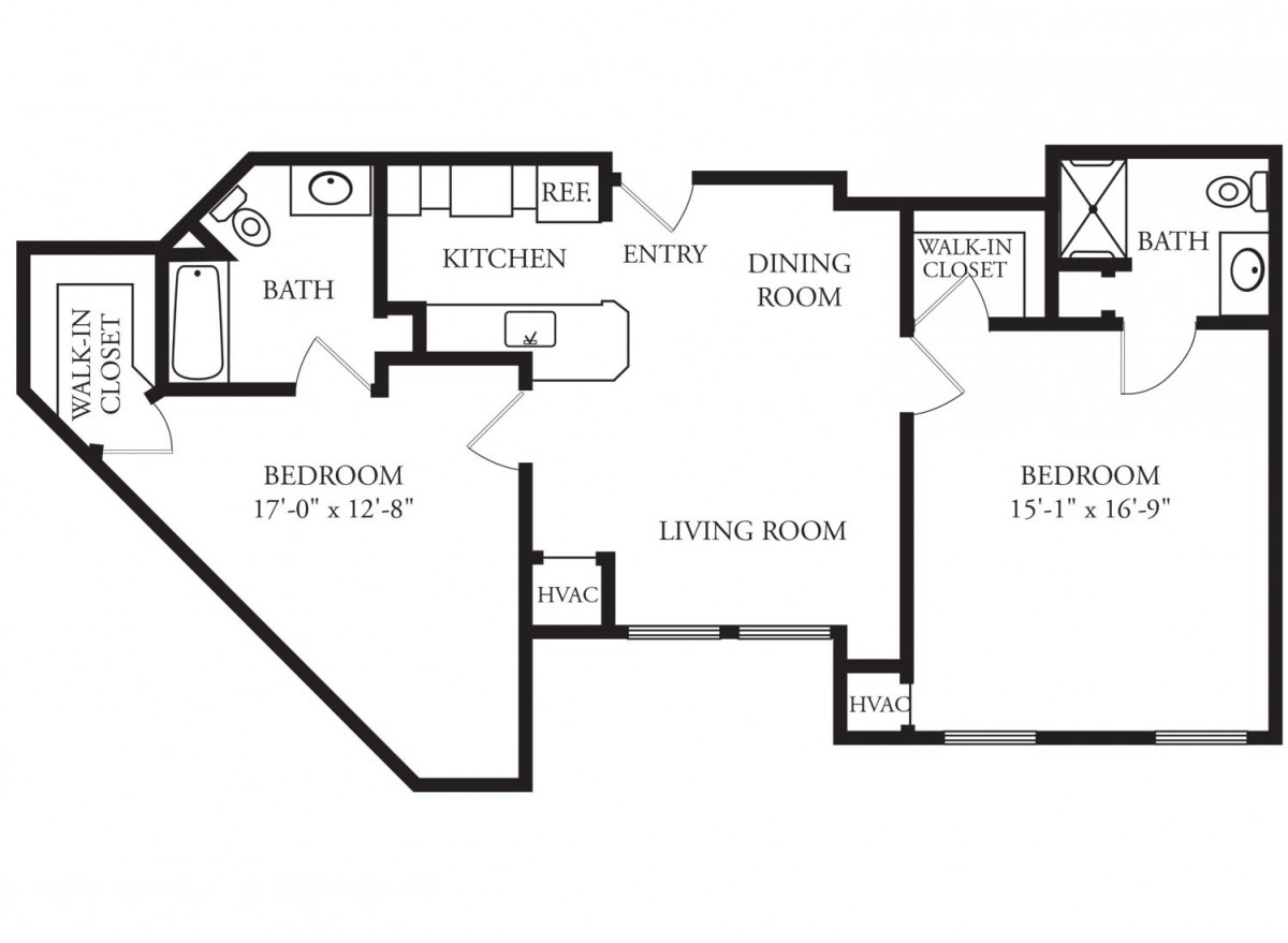 A floor plan of a two-bedroom apartment with labeled rooms, including kitchen, dining room, and living room.