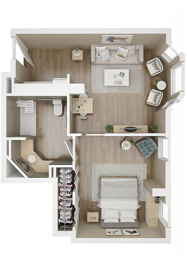 A detailed floor plan of a one-bedroom apartment showcasing the layout of the living room, kitchen, bathroom, and bedroom.