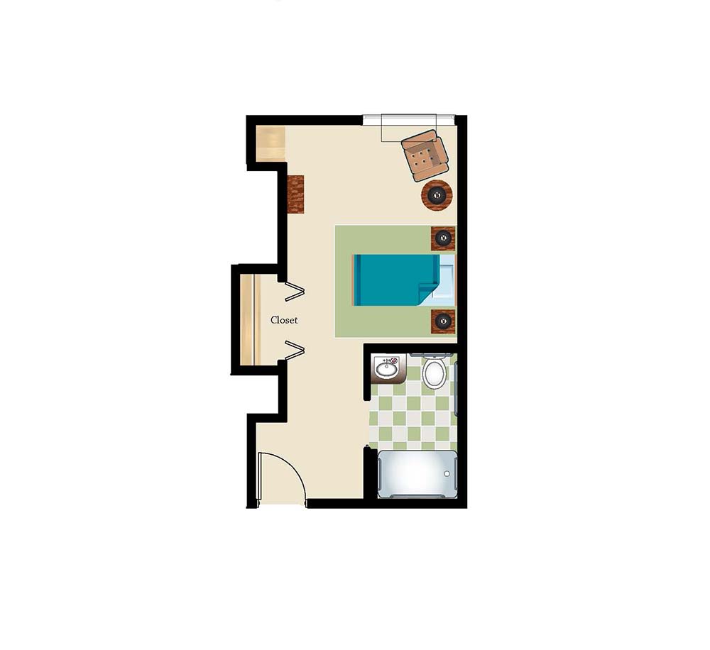 A simple studio apartment floor plan showing an open living area with kitchen and bathroom.