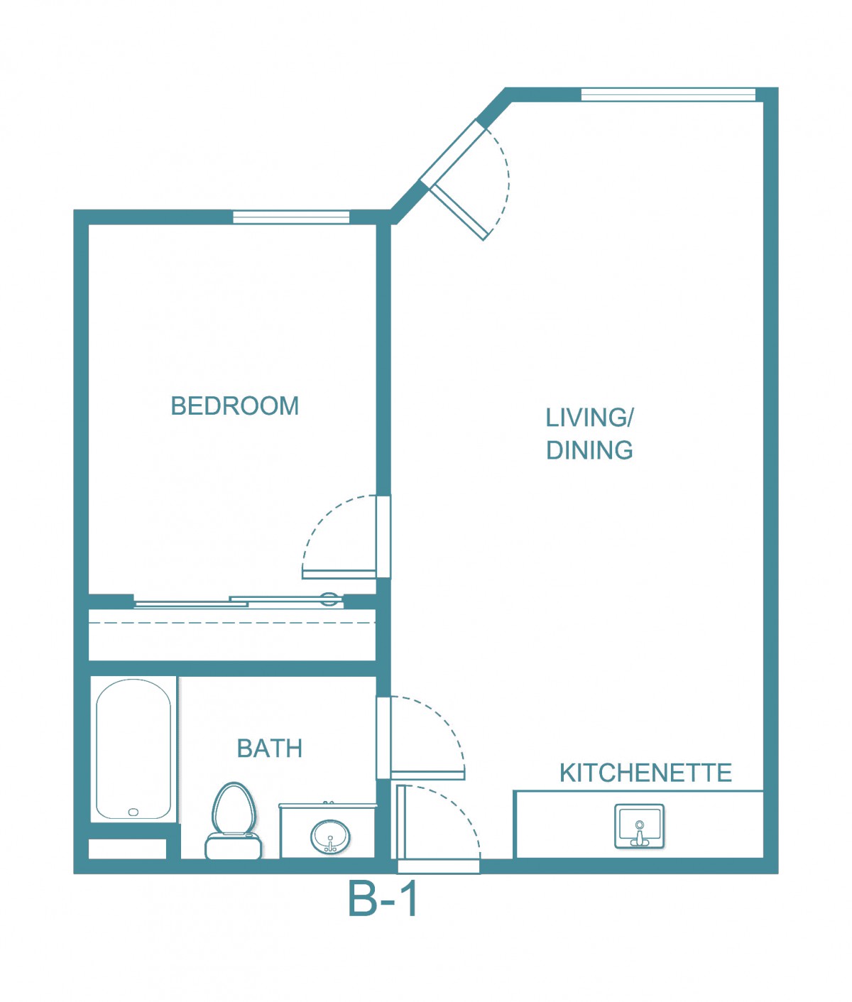 A simple floor plan of a one-bedroom apartment featuring a combined living and dining area, bathroom, and kitchenette.