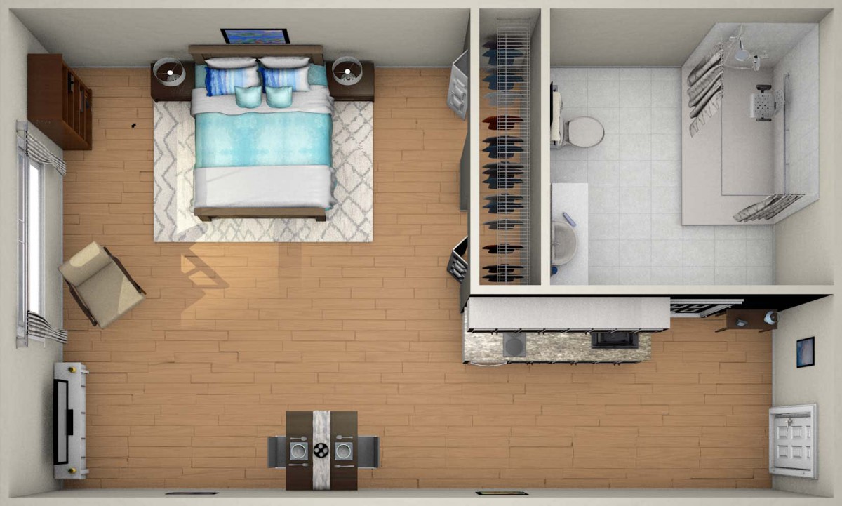 A 3D floor plan of a compact apartment with a bedroom, bathroom, and living area.