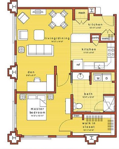 A detailed floor plan of an apartment featuring a living/dining area, master bedroom with walk-in closet, kitchen, and bathroom.
