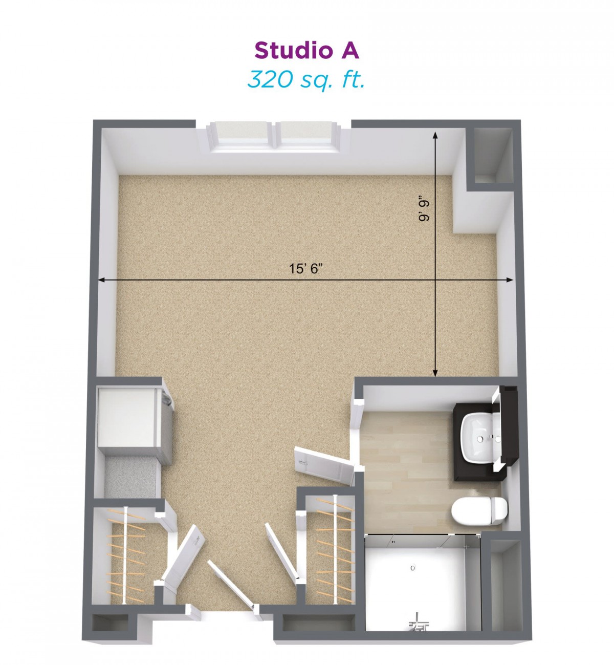 Floor plan of a 270 sq. ft. studio apartment, labeled as Studio A.