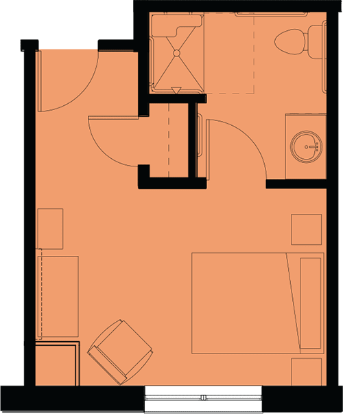 A floor plan depicting the layout of a room with furniture and fixtures.