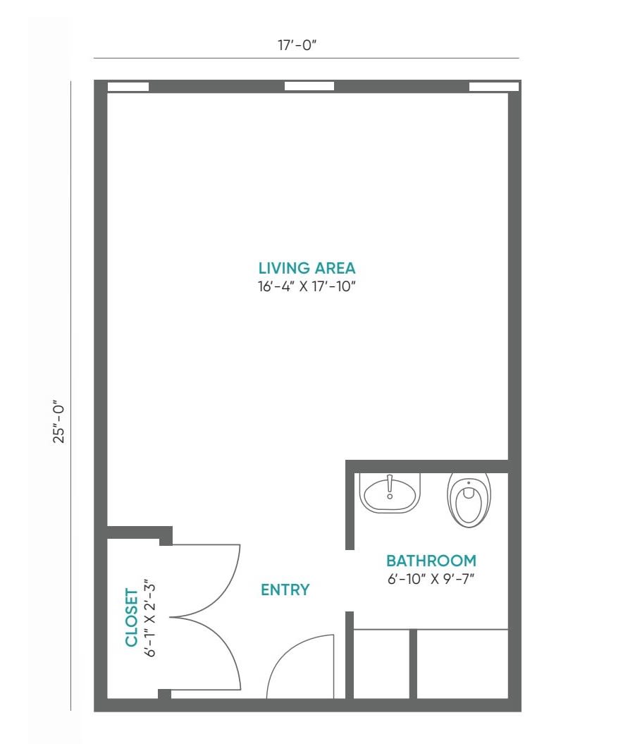 Studio apartment floor plan with living area, bathroom, and closet.