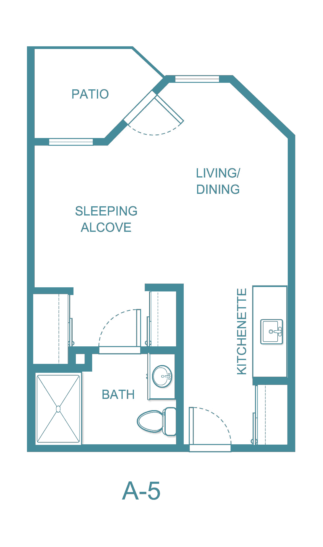 Studio apartment floor plan with sleeping alcove and kitchenette.
