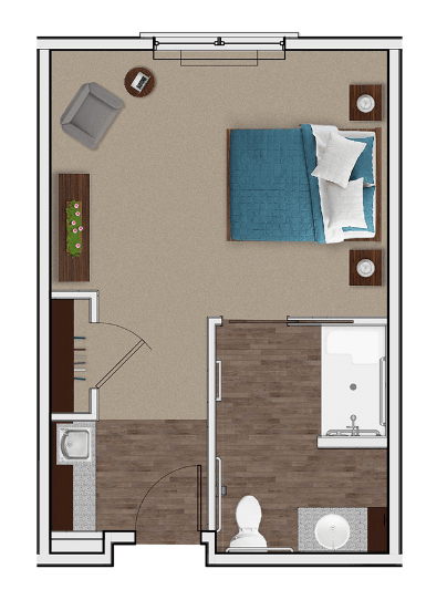 A floor plan featuring a bedroom and adjacent bathroom, showcasing furniture placement.