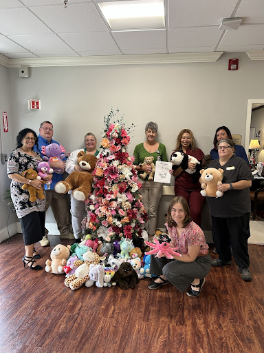 A group of dedicated volunteers gathered around a beautifully decorated Christmas tree, surrounded by a collection of stuffed animals for donation.