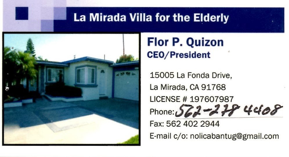 A business card for La Mirada Villa for the Elderly, featuring contact details and a small image of the building.