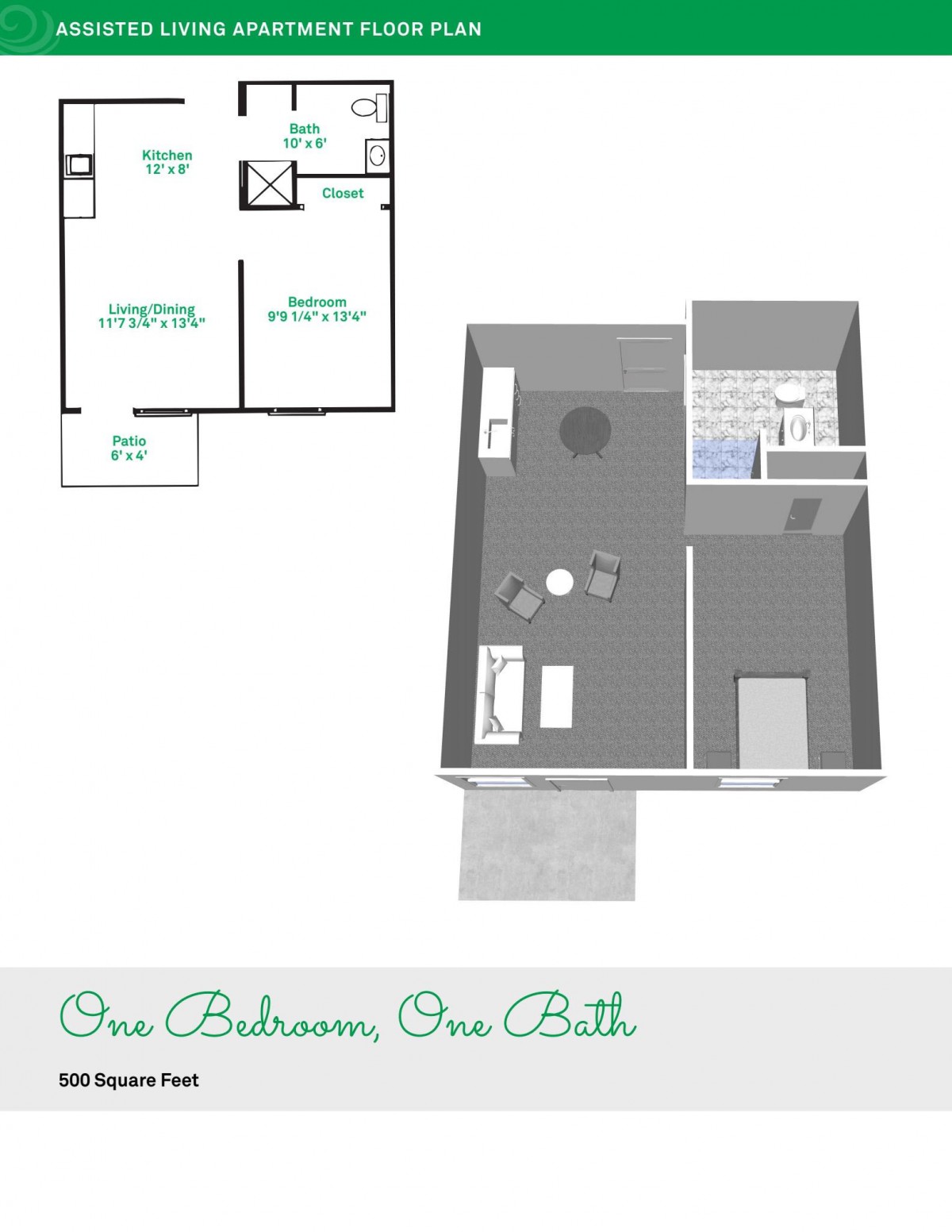 One-bedroom, one-bathroom apartment floor plan with a 3D model view.