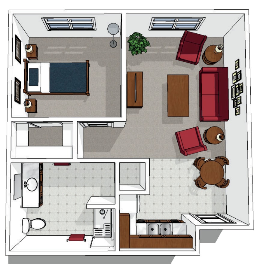 A top-view illustration of a one-bedroom apartment layout with designated living, sleeping, cooking, and bathroom areas.