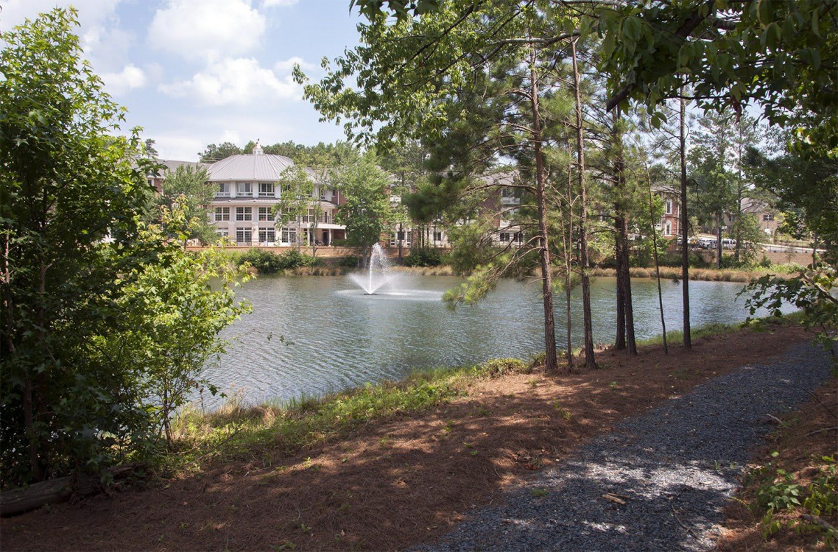 A scenic view of a lake with a fountain, surrounded by trees and residential buildings.