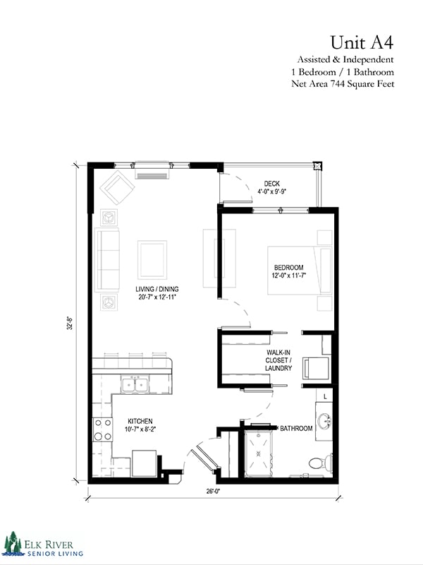A detailed floor plan of a one-bedroom apartment, showcasing the layout of the living room, kitchen, bathroom, and bedroom.