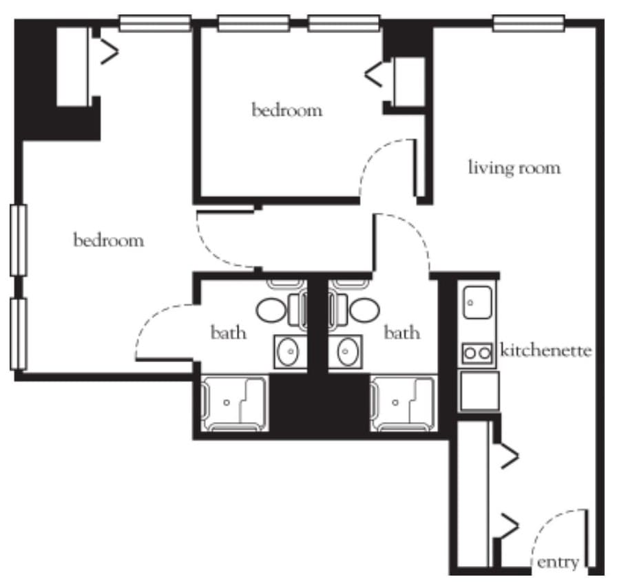 A floor plan of a two-bedroom apartment with living room, kitchen, and two bathrooms.