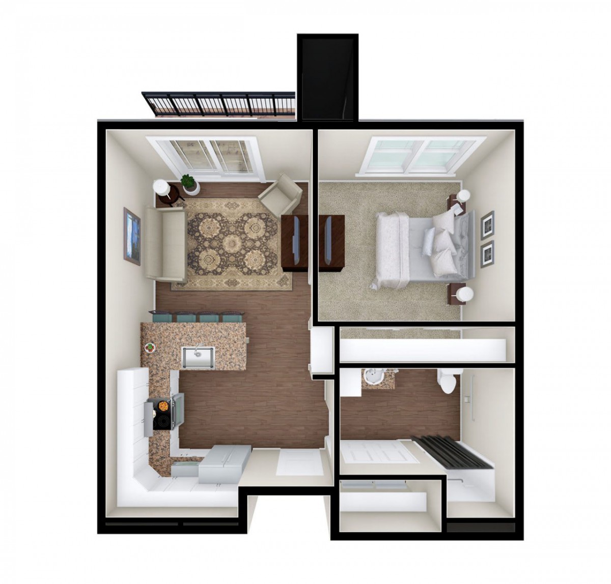 A compact one-bedroom apartment floor plan, featuring a living room, kitchen, bedroom, and bathroom.