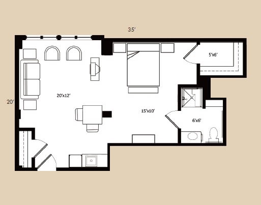 A floor plan of an apartment showcasing the layout of various rooms and spaces.