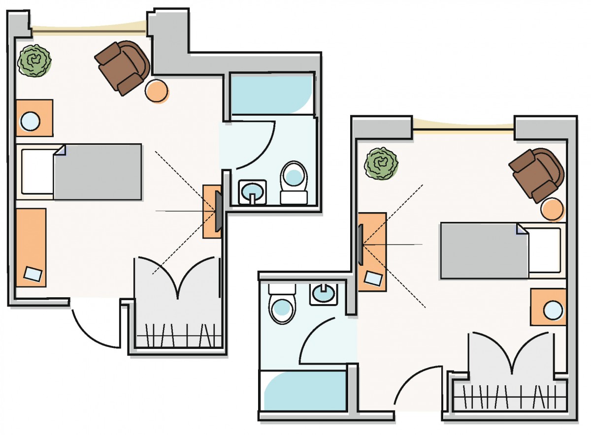 A detailed floor plan showing the layout of a small apartment with two bathrooms and a living area.