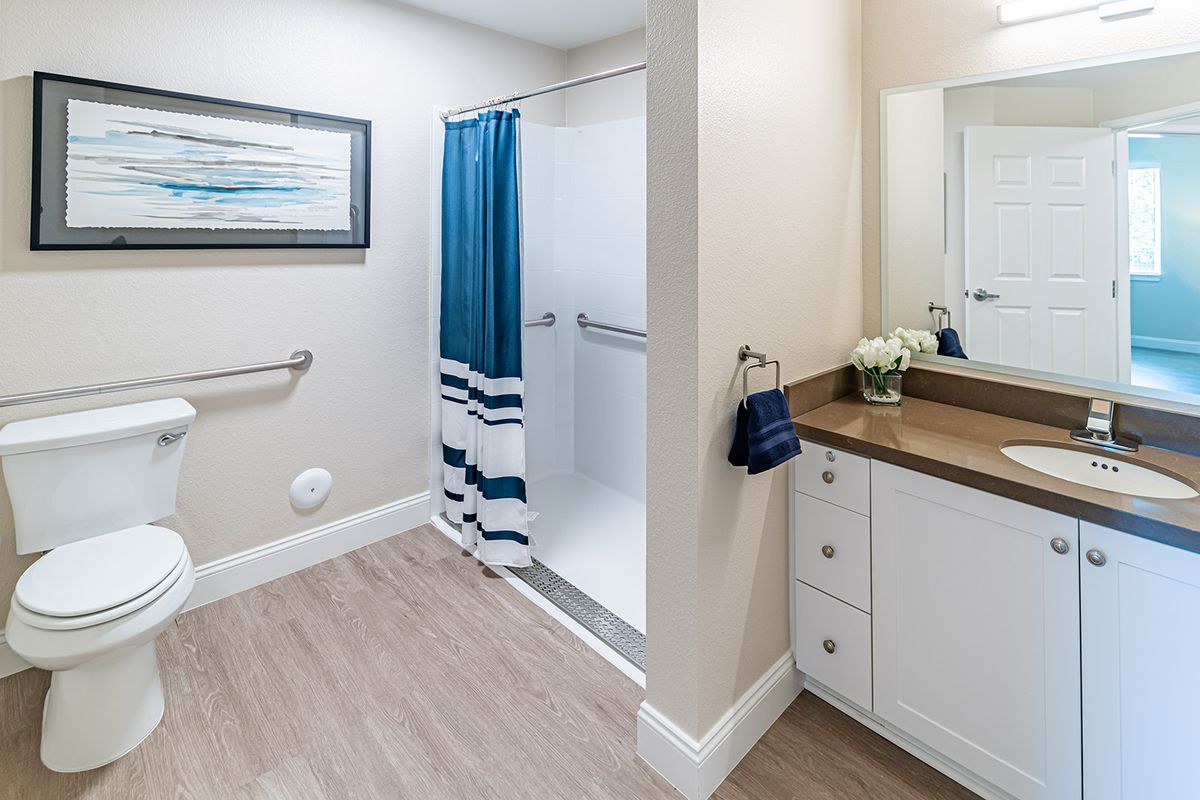 A modern bathroom featuring a shower with a blue curtain, a sink with a mirror above, and a wooden floor.