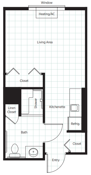 Studio apartment floor plan with living area, kitchenette, and bathroom.