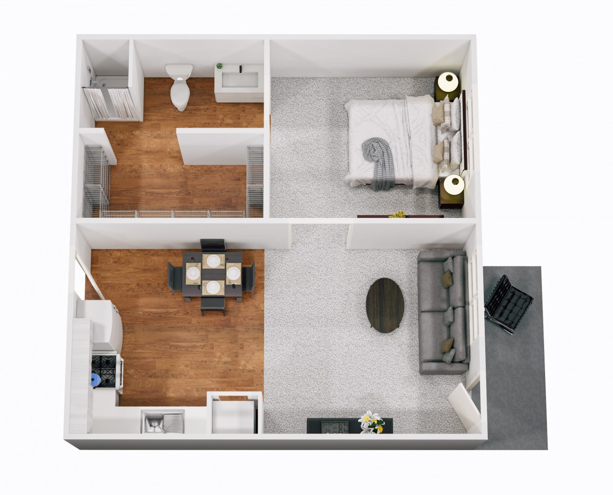 A 3D floor plan of a one-bedroom apartment with a living room, kitchen, bathroom, and bedroom.