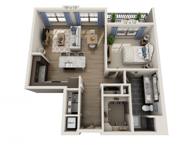A modern 1-bedroom apartment floor plan featuring an open-concept living area, kitchen, and a separate bedroom with attached bathroom.