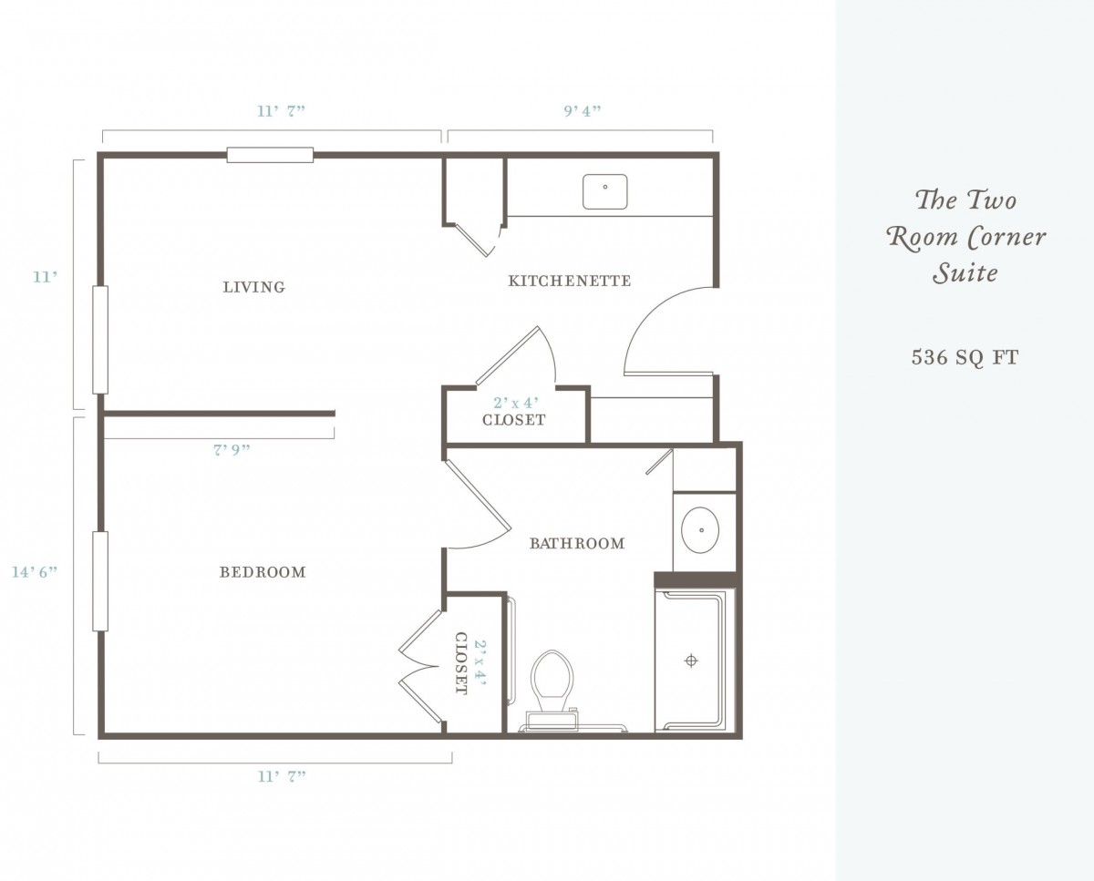 A floor plan of an apartment with two bedrooms and one bathroom.